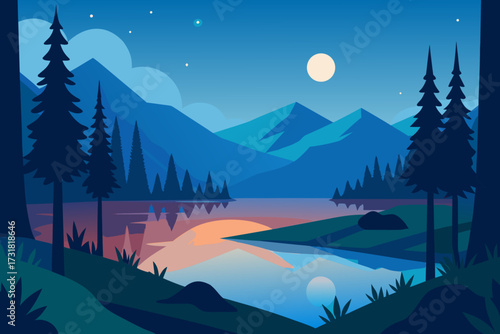 A simple cartoon illustration of a magical forest lake background vector illustration