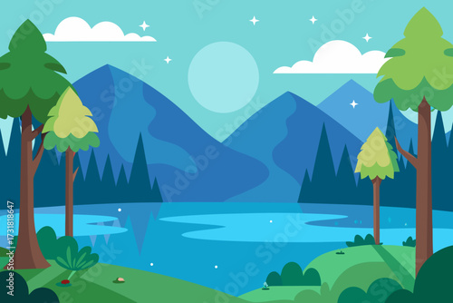 A cartoon magical forest lake background vector illustration