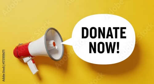 Donate now call to action with megaphone on bright yellow background for fundraising campaigns