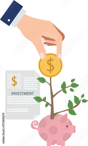 Growing wealth illustration with a hand placing a coin into a piggy bank with a plant growing out of it, depicting financial growth and investment success