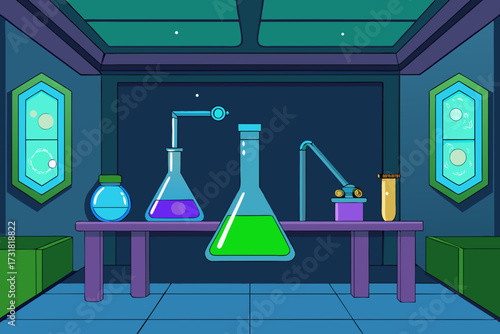 A vibrant cartoon background of a futuristic science lab with neon lights vector illustration