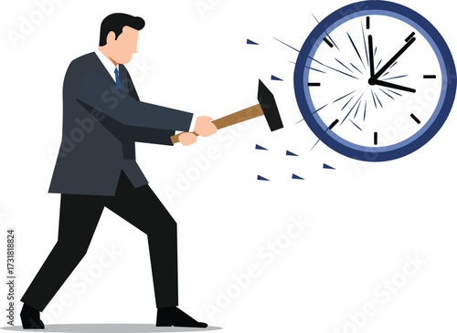 Dynamic businessman smashing clock with hammer to represent time management issues, deadline stress, and the urgency of overcoming procrastination effectively