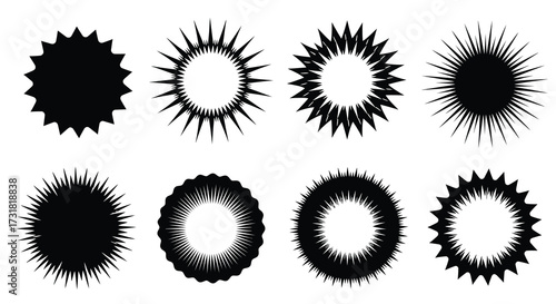Collection of eight black starburst shapes on a white background