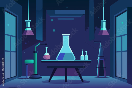 A simple cartoon illustration of a futuristic science lab with neon lights vector illustration