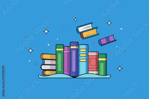 A whimsical cartoon background of a magical library with floating books vector illustration
