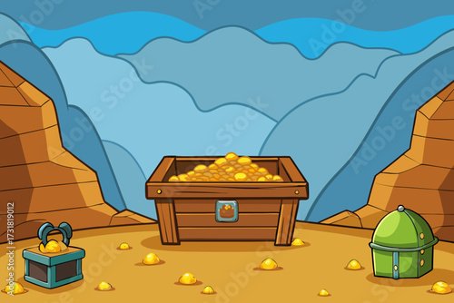 A rich cartoon background of a pirate treasure cave with gold vector illustration