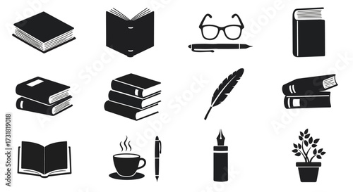 A collection of reading and writing related objects in black and white