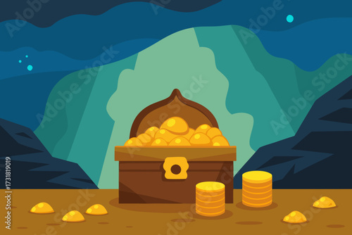 A cartoon pirate treasure cave background with gold vector illustration