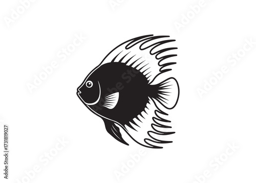 Discus fish and moorish idol silhouette, marine tropical fish vector artwork.