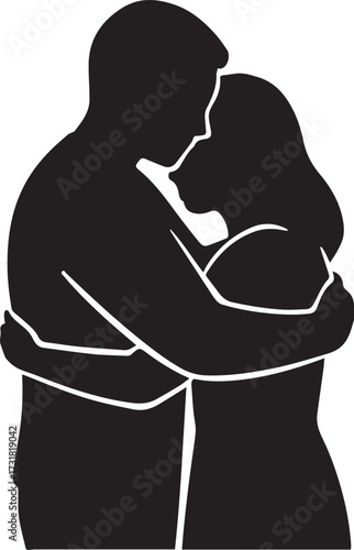 Embracing Solace: A tender moment of human connection, captured in a stark silhouette, where two figures find comfort in an intimate embrace.