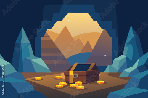 A simple cartoon illustration of a pirate treasure cave with gold vector illustration