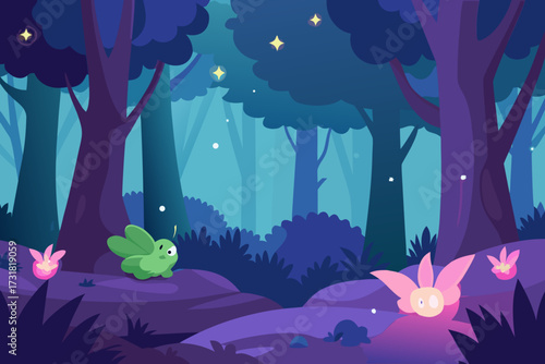 A beautiful cartoon background of a magical forest with glowing fairies vector illustration