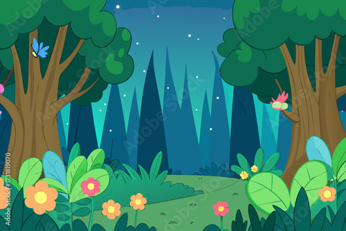 A cartoon magical forest background with glowing fairies vector illustration
