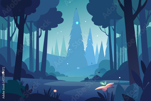 A simple cartoon illustration of a magical forest with glowing fairies vector illustration