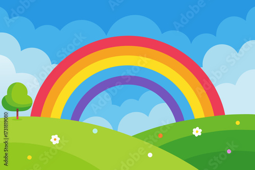 A vibrant cartoon background of a magical rainbow meadow vector illustration