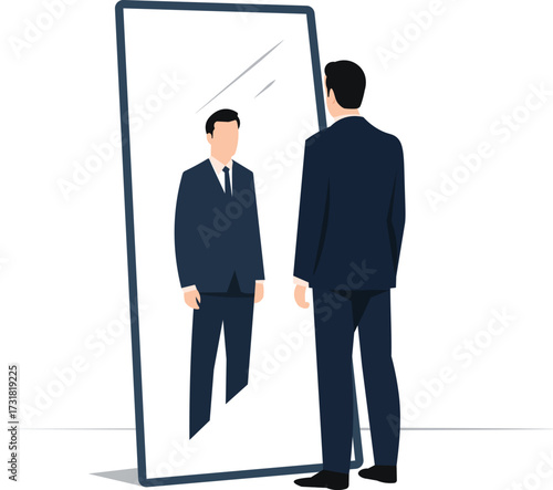 Confident man looks in mirror, seeing success and professional ambition reflected back at him, embodying self-assurance and career goals