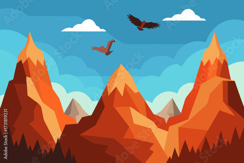 A cartoon rocky mountain background with eagles flying vector illustration