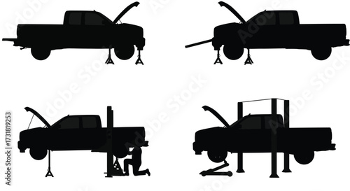 Illustrative depictions of pickup trucks being lifted with various tools