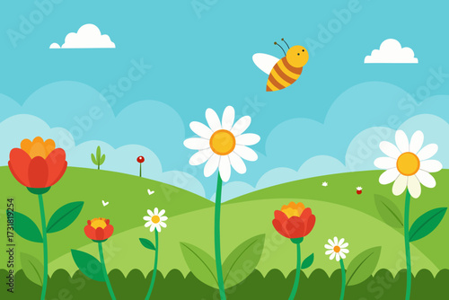 A cartoon meadow background with wildflowers and bees vector illustration