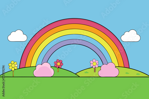 A simple cartoon illustration of a magical rainbow meadow background vector illustration