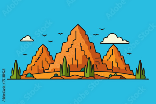 A simple cartoon background of a rocky mountain with eagles flying vector illustration