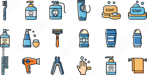 Flat Line Color Personal Hygiene Items Collection Icon Set Illustration