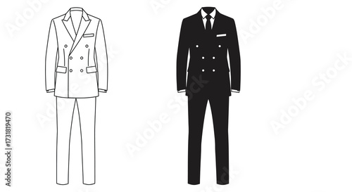 Two formal suits displayed in black and white line art style