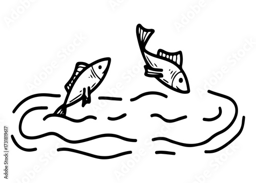 Fish splashing in water surface. Hand drawn doodle vector. Aquatic animal. Underwater wild life. Nature. Fishing in lake, river sea. Carp, perch, roach. Illustration line art.