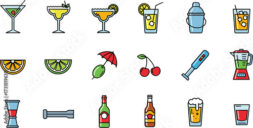 Colorful Line Art Cocktail and Drink Preparation Equipment Illustration Set