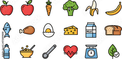 Colorful Flat Line Food Group Illustration for Healthy Lifestyle Concept