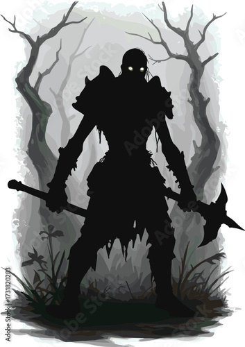 Dark forest silhouette, spooky armored warrior, creepy undead fighter, glowing eyes figure, horror fantasy artwork, eerie misty woods, sinister axe character