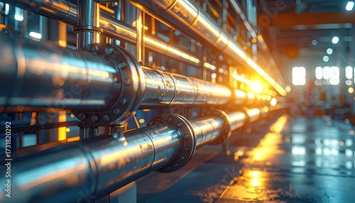 Metallic Pipes with Flanges in Industrial Setting with Bright Orange Light and Soft Focus Background