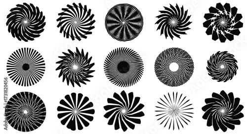 Collection of abstract spiral patterns in black and white color scheme