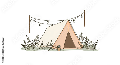 Charming camping illustration with tent string lights and floral details providing a cozy outdoor experience