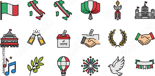 Colorful Line Art Italian Culture and Patriotic Symbol Icon Collection