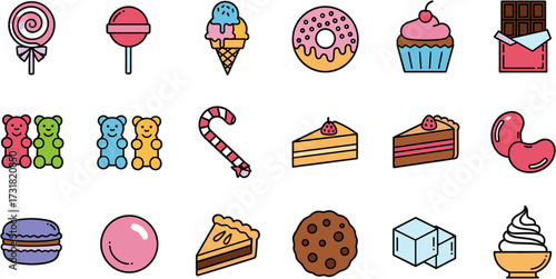 Simple Line Drawing Colorful Sweet Food and Dessert Icon Set Collection