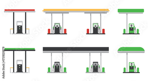Collection of colorful gas station pumps in a flat vector illustration