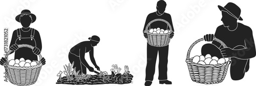 Farmer silhouettes, agriculture workers, harvesting crops, egg basket, rural life, farming icons, countryside, sustainability, food production, garden, village, nature, organic