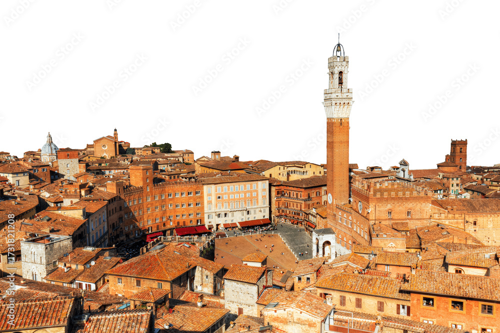 Fototapeta premium Aerial view of Siena, Italy, showcasing the city's historic architecture and rooftops with sky cut-out