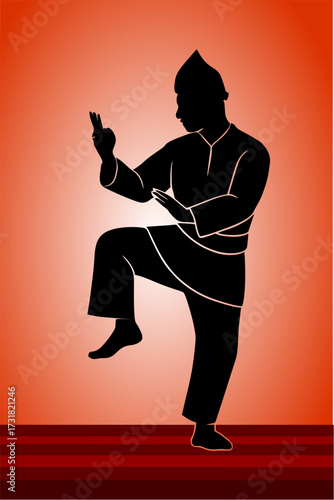 Silhouette of a silat fighter in a silat pose. v55.eps
