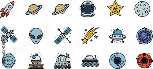 Colorful Line Art Space Exploration Elements Science and Technology Icon Set