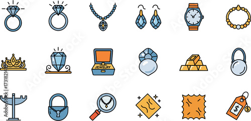 Minimalistic Outline Jewelry and Wealth Line Art Icon Set Illustration