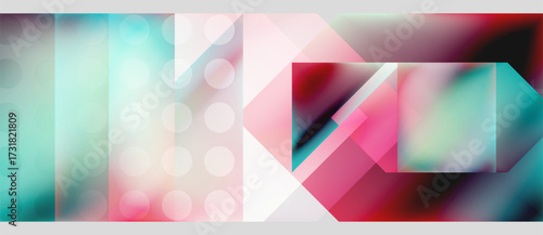 Abstract composition. Geometric shapes overlap, creating vibrant color blends. Soft gradients, translucent layers define modern design.