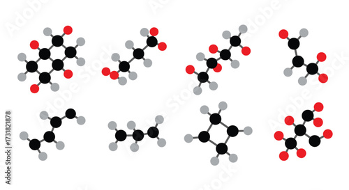 Illustrative depiction of various chemical structures with carbon hydrogen and oxygen