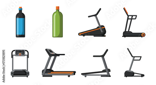 Collection of fitness equipment and beverage bottles in flat vector style