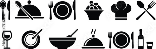 Food icons, dining silhouettes, restaurant symbols, kitchen tools, chef hat, wine glass, cutlery, bowl, plate, cooking, serving dish, meal, beverage, utensils