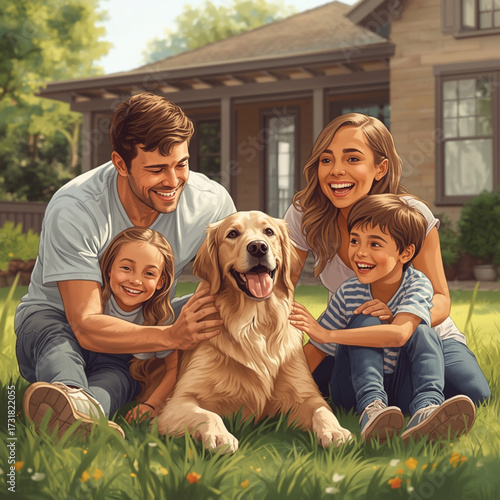 family playing with dog in the spacious yard