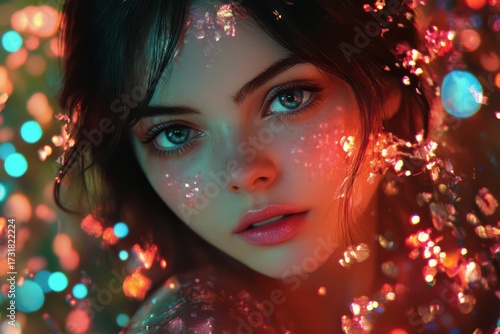 Ethereal young woman with sparkling face and vibrant bokeh lights