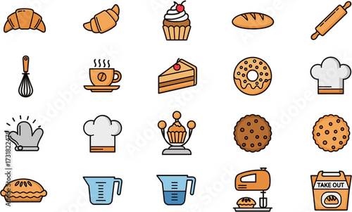 Cute Outline Detailed Bakery and Pastry Food Icon Set Illustration