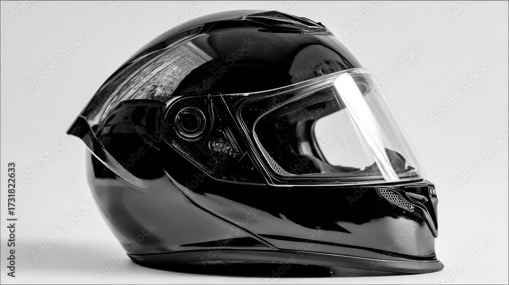 Fototapeta premium A black motorcycle helmet photographed on a white surface, accentuating its streamlined form, glossy reflections, and refined detailing